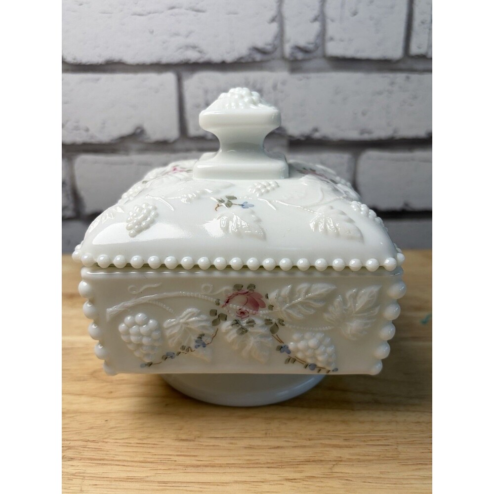Westmoreland Milk Glass Candy Dish Lidded Paneled Grape Painted Flowers Footed